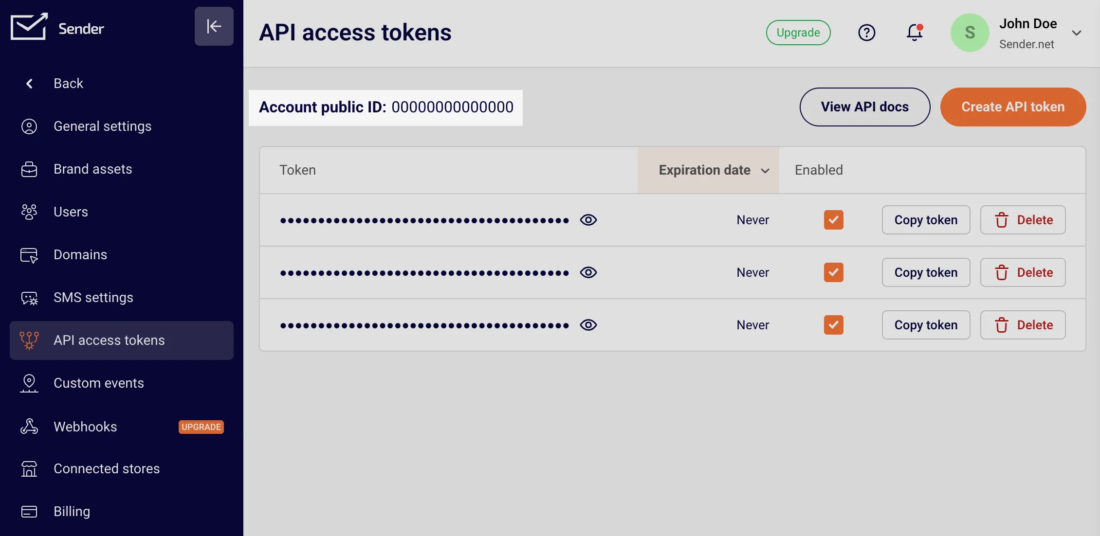 Location of the Account public ID in the API Tokens page
